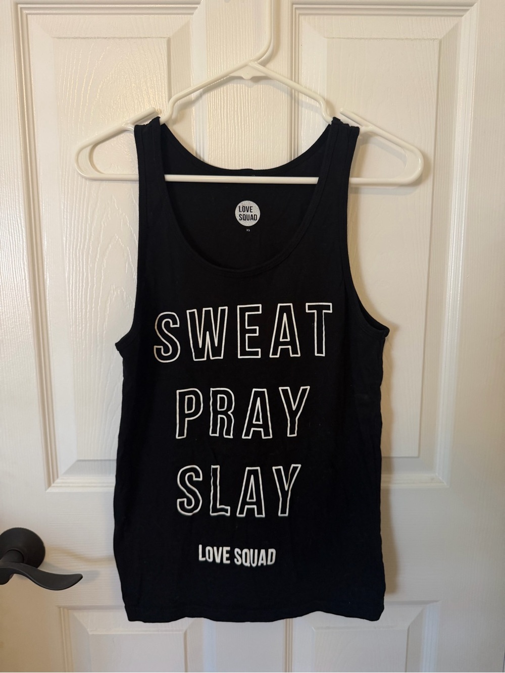 Ally Love (Peloton) Black Tank Top with White 'SWEAT PRAY SLAY' Graphic